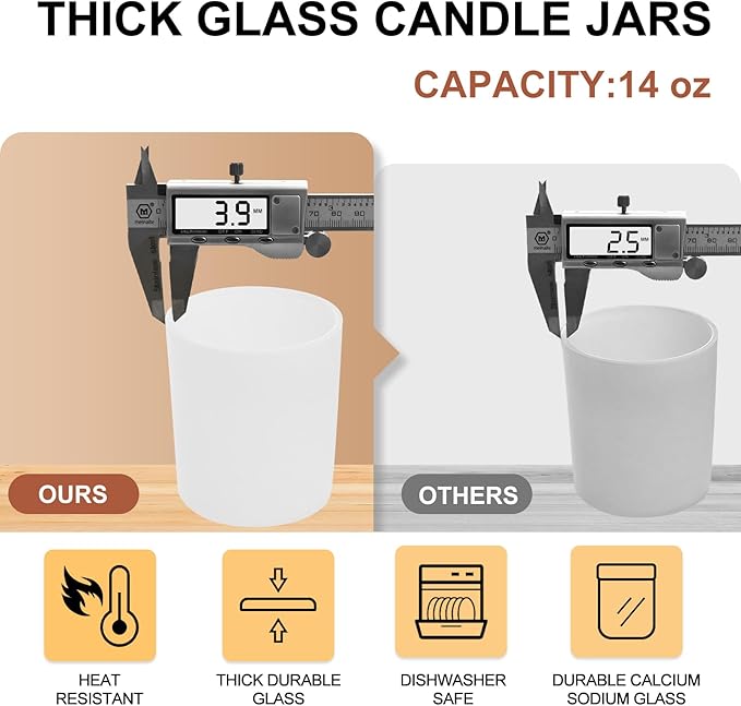 SHOWIN 14 OZ Thick Candle Jars for Making Candles 12 Pcs, 3 Wick Empty Jars with Wood Lids for Candle Making, Sample Container,Matte White