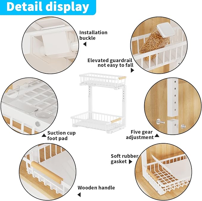 Under Sink Organizer, 2 Tier Slide Out Under Sink Organizers and Storage, Height Adjustable Pull out under cabinet storage, Metal Bathroom Kitchen Sink Organizer，2 Pack