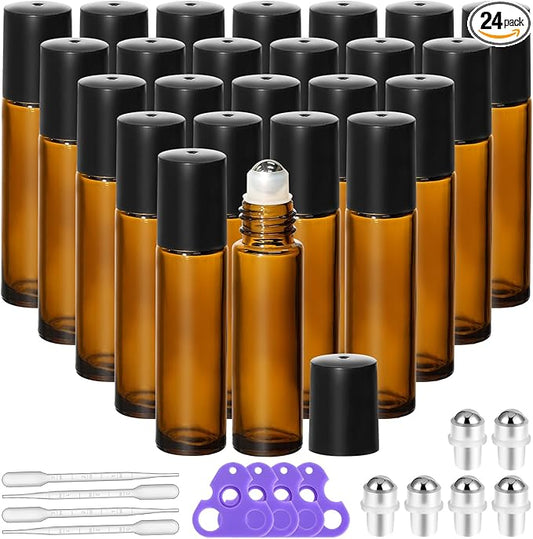KEYWING 10ml Amber Roller Rottles for Essential Oils - 24PCS Glass Roll on Bottles with Black Caps & Stainless Steel Roller Balls, Empty Perfume Refillable Bottle for Travel