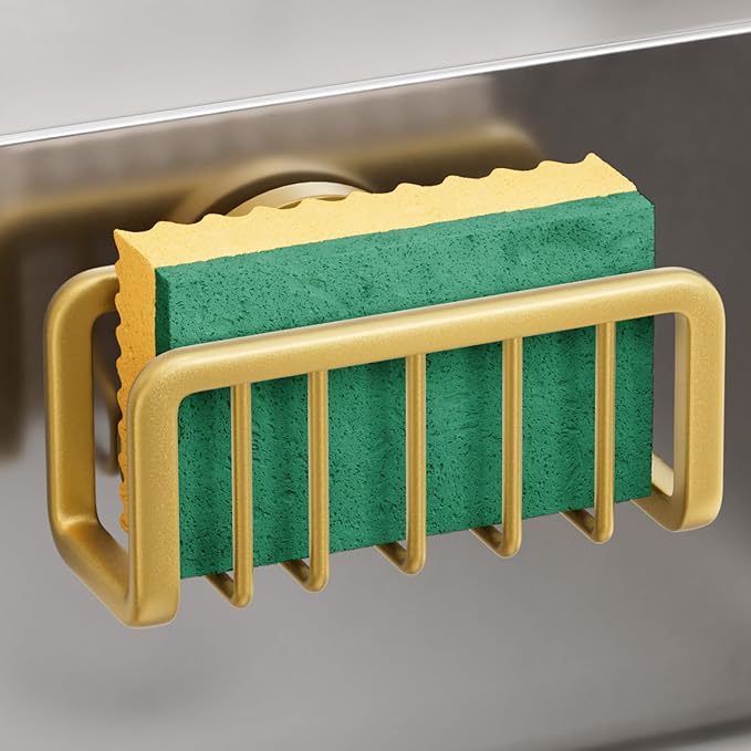 TAILI Sponge Holder for Kitchen Sink with Strong Suction Cup, Rustproof Aluminum Sink Caddy for Sponges, Removable Sponge Holder, Dish Brush for Scraper - Gold