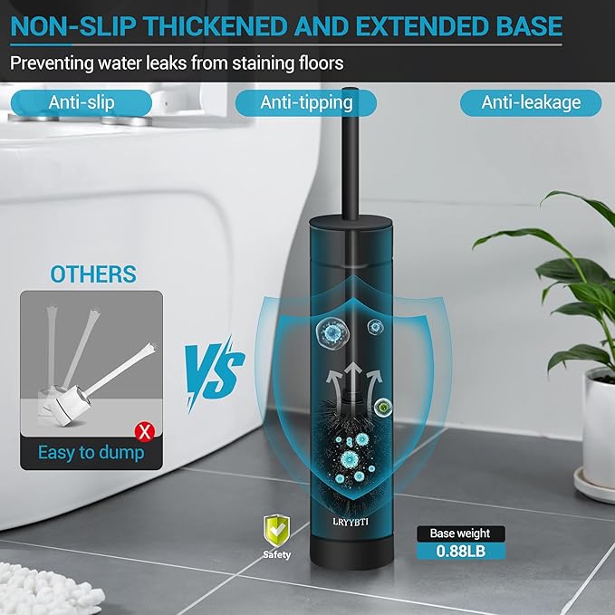 Stainless Steel Toilet Brush with Holder, 2 Black Bristle Heads
