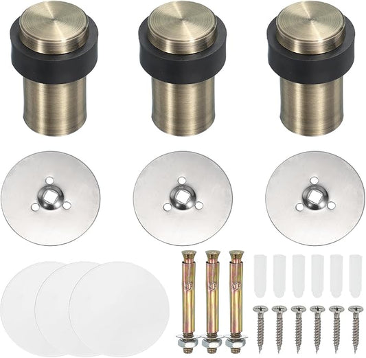 PATIKIL 3Set Round Door Stoppers, 60mm Stainless Steel Door Stop Doorstop Wedge Metal Cylinder Self Adhesive with Screw for Bottom of Door Floor Inside, Bronze