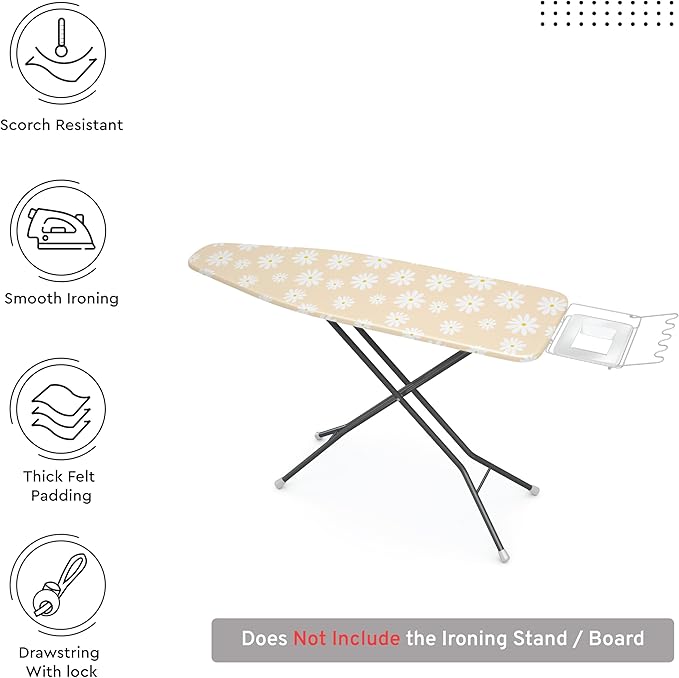 Encasa XO Ironing Board Cover and Pad 28"x12" - Thick 3mm Felt Padding, Drawstring Tightening & Lock, Easy Fit, Scorch & Stain Resistant, Fits Mini Ironing Board - Daisy Beige