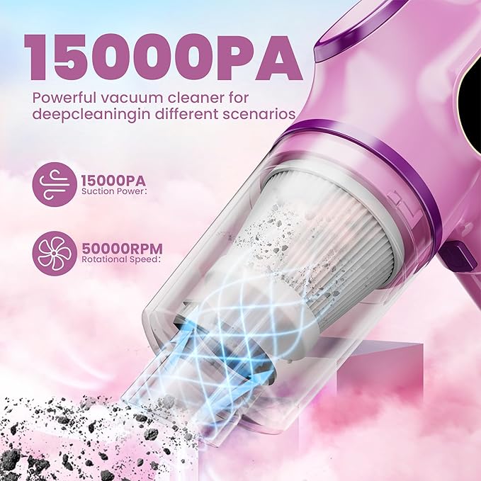 Women-Friendly Cordless Pink Car Vacuum Cleaner – 15000Pa Portable Mini Handheld Vacuum Cleaner, Effortlessly Handles Car,Office,Home & Pet Cleaning