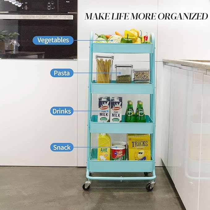elabo 4-Tier Metal Mesh Utility Rolling Cart, Storage Organizer Trolley Services Cart with Lockable Wheels for Kitchen, Bathroom, Living Room (Blue)