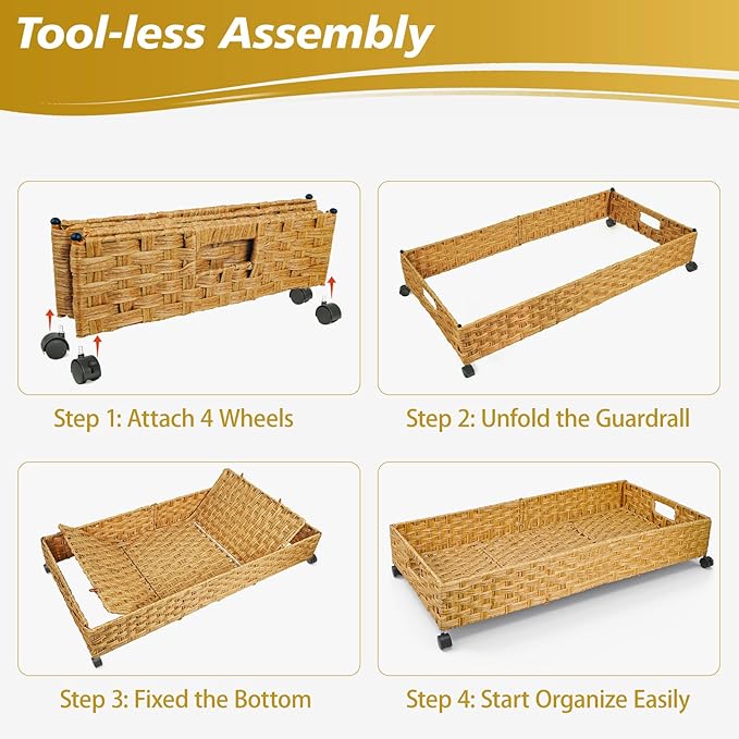Under Bed Storage Containers with Wheels, 2 Pack 31.5in / 35L Handmade Rattan Underbed Organizer Drawer, Tool-free Assembly Rolling Under Bed Storage Bins for Shoes Clothes Toy Book