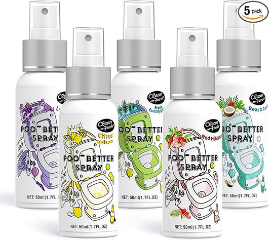 Clean-n-Fresh Toilet Spray, 8.5 Fl Oz Variety Pack of 5 - Citrus, Hibiscus, Lavender, Eucalyptus, Beach Coco, Travel Essentials Bathroom Odor Elimination, Air & Toilet Freshener, Each 1.7 Fl Oz