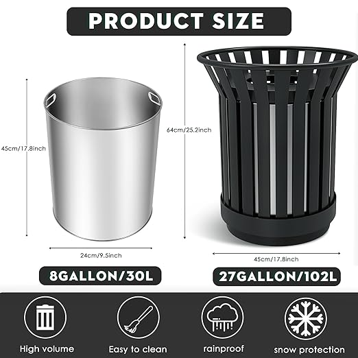 Round Heavy Duty Outdoor Trash Can, Large Metal Slatted Garbage Can for All Weather Resistant, Commercial Garbage Cans, Waste Receptacle in Park, Beach, Patio (Black, Medium)