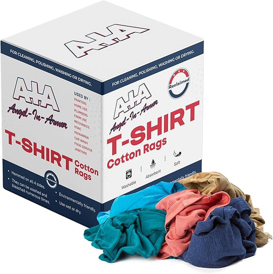 Angel-in-Armor Colored T-Shirt Rags – 25lb Bulk Box of Recycled Cotton Knit Shop Rags – Low Lint Cleaning Cloths for Mechanics, Oil Changes, Industrial and Commercial Use