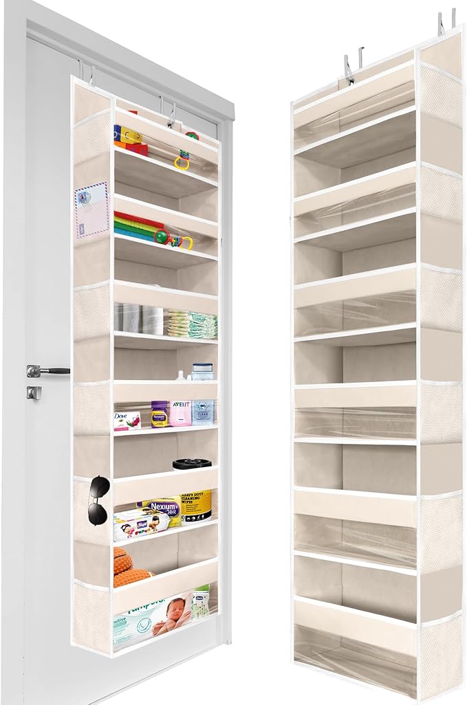 HOMELUX THEORY 1 PC Heavy Duty Over the Door Organizer 55x14x6.7, 6 Large Front & 12 Side Pockets, Hanging Storage Closet Door Organizer for Bedroom, Bathroom and Baby Nursery Storage (Ivory)
