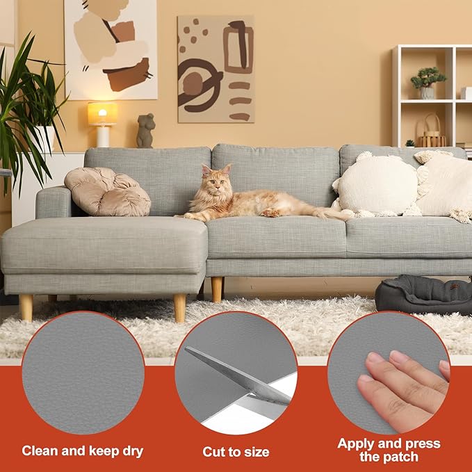 PATIKIL Leather Patches Tape for Furniture, 6.3 x 61 Inch Self Adhesive Vinyl Leather Repair Kit Cover Sheet for Couch, Sofa, Car Seats, Office Chair, Light Gray