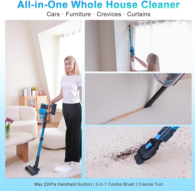 Cordless Vacuum Cleaner, 400W/45kPa/55Mins-8-in-1 Stick Vacuum Cleaners for Home Rechargeable for Pet Hair/Rugs/Hardwood | 1.2L Dustbin, Anti-Tangle | Self-Standing, Ideal for Car, Apartment