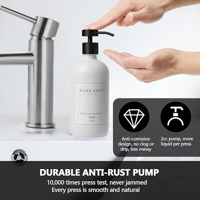 Kitchen Soap Dispenser - Hand and Dish Soap Dispenser Set, Bathroom Glass Soap and Lotion Dispenser with Pump, Tray, 14 Waterproof Labels, Set of 2 White Bottle/Black Pump-pd