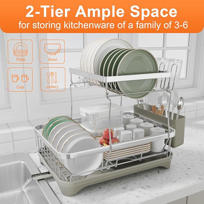 Dish Drying Rack, 2 -Tier 304 Stainless Steel Adjustable Spout Auto-Draining Dish Rack, Space Saving Dish Drainer with Drainboard and Utensil Holder for Kitchen Counter Grey