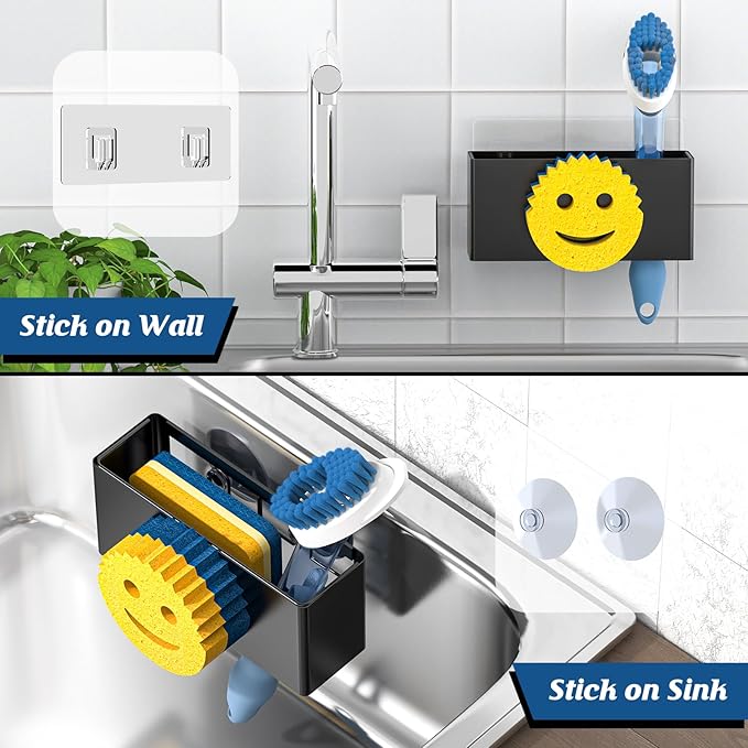 Sponge Holder for Kitchen Sink,Smiley Face Sink Caddy,Sponge Holder Stainless Steel with Suction Cups & 1 PCS Adhesive Strips for Holding Soap,Brush,Scrubber,Sponge-Black