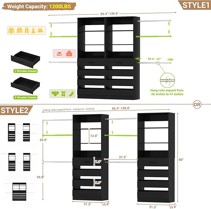 Aheaplus Closet System, 6-15Ft Closet Organizer with 8 Wooden Drawers, Wood Closet Organizer System with Tower, Walk-in Closet Organizer Wardrobe Clothes Rack with 4 Hanging Rods, Garment Rack, 1Black