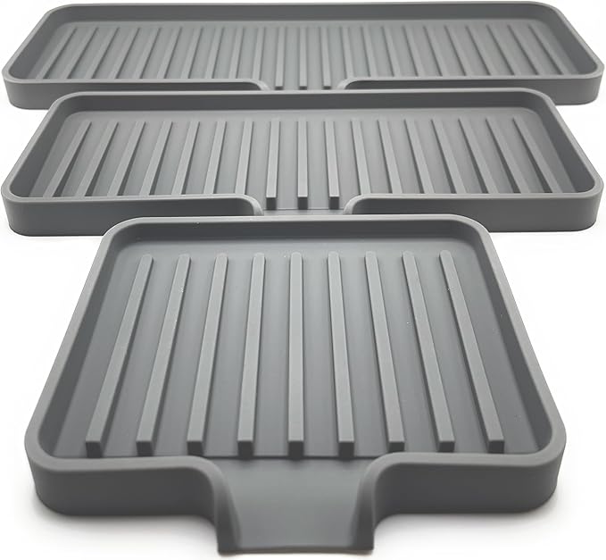 Happitasa Silicone Soap Dish Tray and Sponge Holder with Drain Chute | Bathroom and Kitchen Sink Organizer Caddy (Grey, 12"x4", 7.4 Ounces)