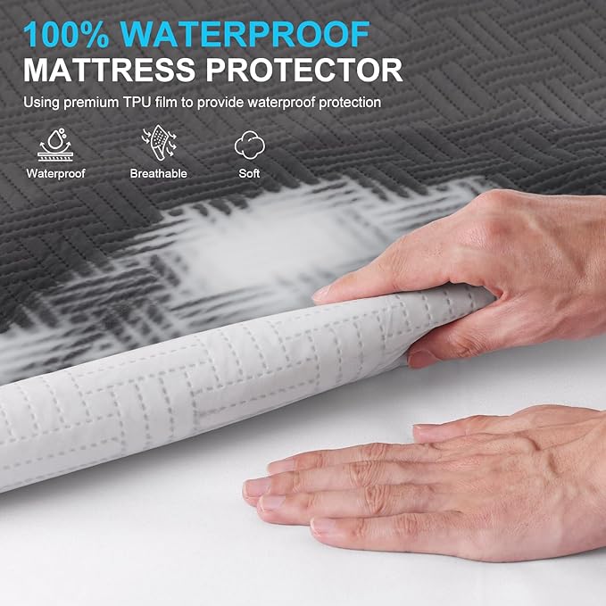 Waterproof Mattress Protector King Size - Breathable, Noiseless, Ultra-Soft Bed Cover, Mattress Pad Cover with Deep Stretchable Pockets 8"-21" (Gray)