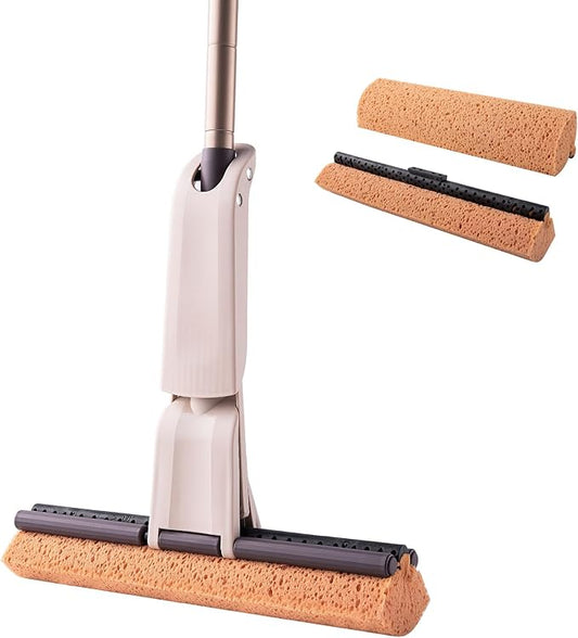 Eyliden Sponge Mop with 1 Extra Reusable Absorbent Sponge Refills, Easy Squeeze, Self Wringing Mops for Kitchen Bathroom Office Hardwood Laminate Tile Marble Ceramic Floors Cleaning