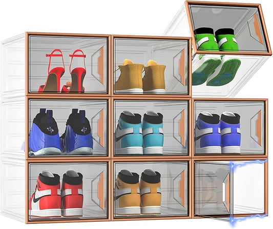 Shoe Storage Boxes Stackable, X-Large Plastic Clear Shoe Organizers with Magnetic Door, Thicken & Sturdy Sneaker Containers, Toy Storage Organizer Bins for Entryway, Closet, Under Bed