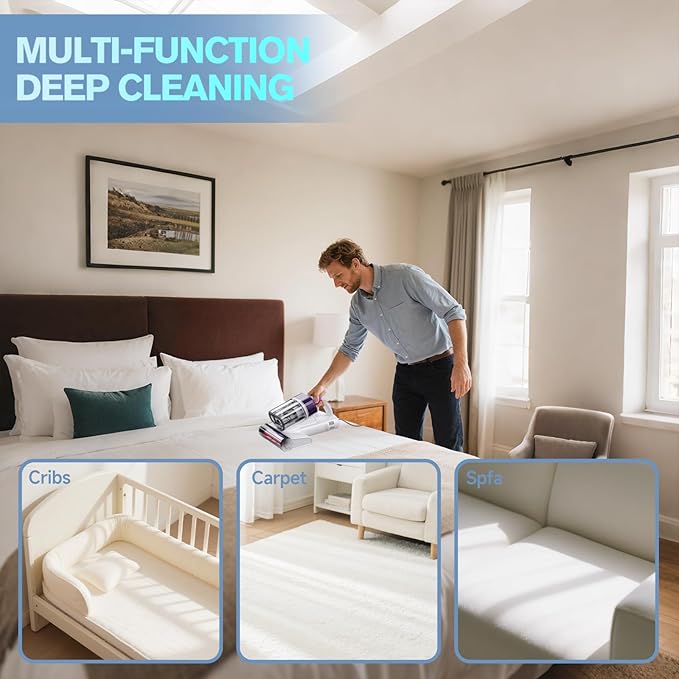 Mattress Vacuum Cleaner, 18Kpa Handheld Bed Vacuum Cleaner with 253.7nm UV-C Light, HEPA Filter & Ultrasoni, 150℉ Heat, Smart Dual Cup, and One-Click ash Removal for Bed, Sofa(White)