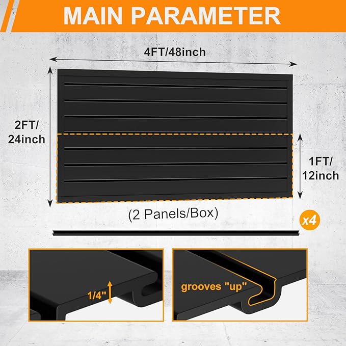 DoCred Slatwall Paneling Organizer, 4x2 FT PVC Garage Slat Wall Storage Systems, Heavy Duty Mounted Slat Peg Board for Tool Organization Ladder Bike Includes 20 PCS Hooks Accessories Kit (Black)