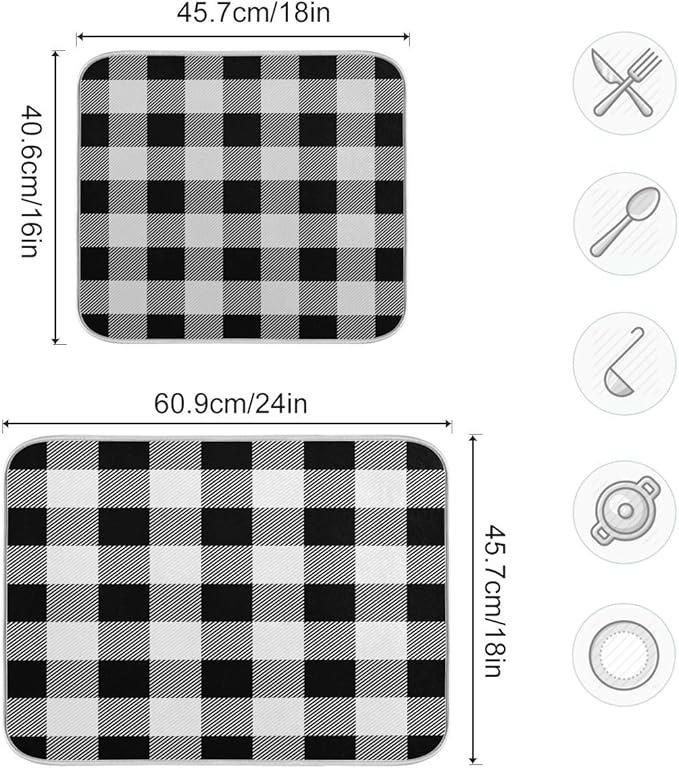 White and Black Buffalo Plaid Dish Drying Mat 18x24 for Kitchen Classic Buffalo Check Dishes Pad Dish Drainer Rack Mats Absorbent Fast Dry Kitchen Accessories