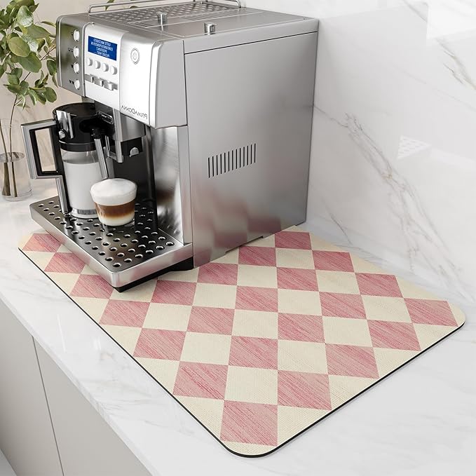 AMOAMI Coffee Mat Hide Stain Rubber Backed Absorbent Dish Drying Mat for Kitchen Counter - Fits Under Coffee Maker or Machine - PINK 12X19