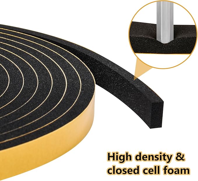 Black Weather Stripping Door Seal Strip (3/5 Inch X 1/16 Inch X 32Feet), Strong Adhesive, Lightproof, Soundproof, Weatherproof Foam Tape Insulation for Sliding Door, Front Door Frame, Windows