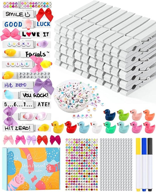 Cheer Pins for Backpack Cheer Stuff Kit 70 White Colored Clothes Pins with Mini Resin Ducks Bows Letter Beads Team Cheerleaders Gifts Bulk Pin Me Ribbon for Bag Decorations Competition Spirit Clips