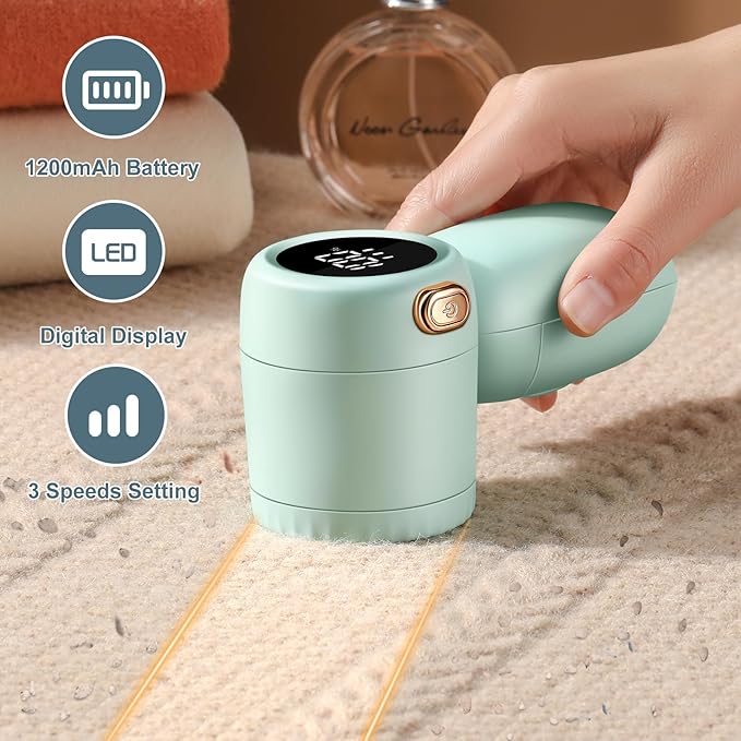 Rechargeable Fabric Shaver,Electric Lint Remover with Digital Display,3-Speeds Sweater Shaver for Clothes and Furniture (Green)