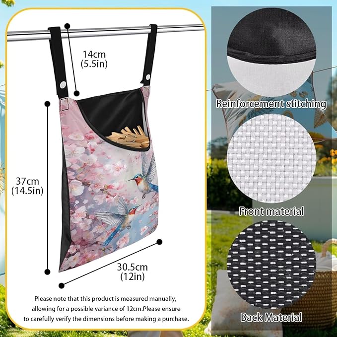 Pin Bag, Hummingbird Print Clothes Pin Hanging Bag Clothespin Storage Organizer with Large Opening Storage Organizer Space-Saving Laundry Hanging Bag