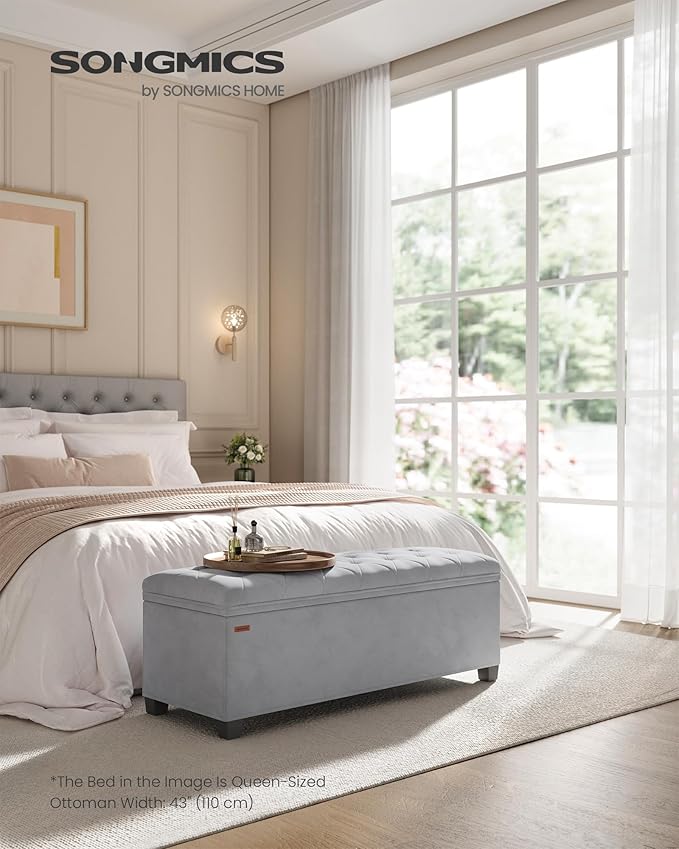SONGMICS Velvet Storage Ottoman Bench, Foot Rest with Legs, 15.7 x 43 x 15.7 Inches, End of Bed Bench, Storage Chest, Load up to 660 lb, for Living Room, Bedroom, Entryway, Dove Gray ULSF089G02