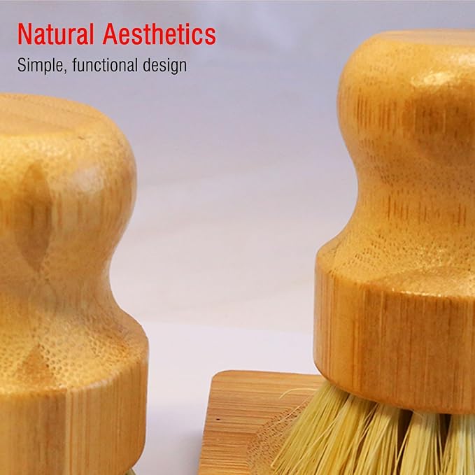 Bamboo Palm Dish Brush Set, Natural Bristle Dish Brush with Holder, Eco Friendly Soft Scrub Kitchen Brush for Dishes and Vegetables