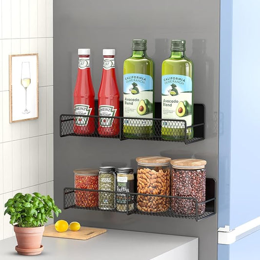 2 Pack Magnetic Spice Rack for Refrigerator, Black Magnetic Shelf with 4 Removable Hooks, Rustproof Magnetic Shelf for Fridge, Oven, Condiments, Oils, Seasoning Spice Organizer