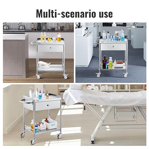 VEVOR Medical Cart, 2-Layer Stainless Steel Cart 220 lbs Weight Capacity, Lab Utility Cart with 360° Silent Wheels and a Drawer for Lab, Clinic, Kitchen, Salon, 141002