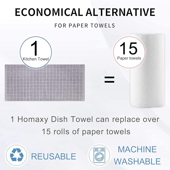 Homaxy 100% Cotton Terry Kitchen Towels(Light Grey, 13 x 28 inches), Checkered Designed, Soft and Super Absorbent Dish Towels, 8 Pack