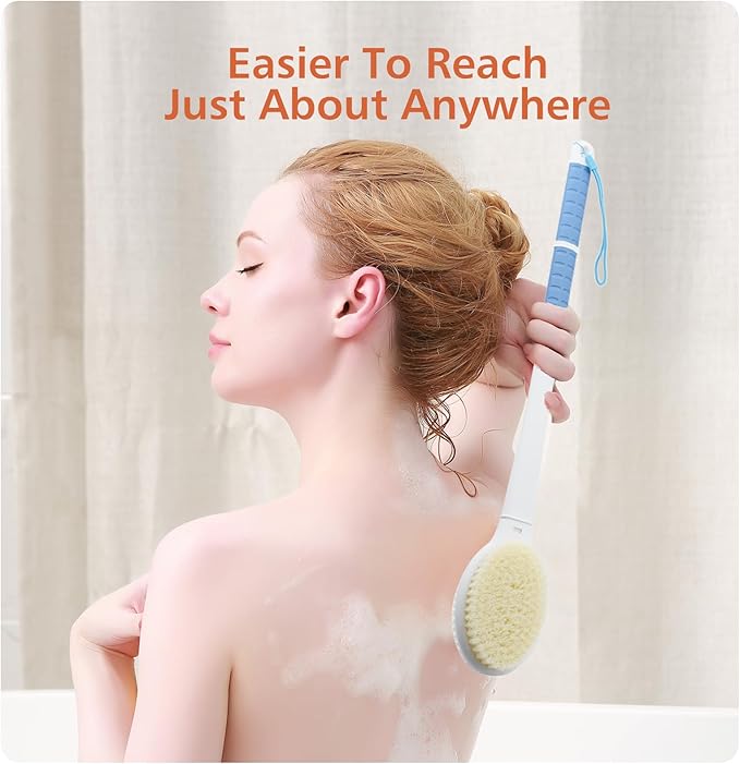 Shower Brush with Soft and Stiff Bristles,18.5" Long Handle Dual-Sided Back Scrubber Bath Brush Body Exfoliator for Wet or Dry Brushing (Long Handle)