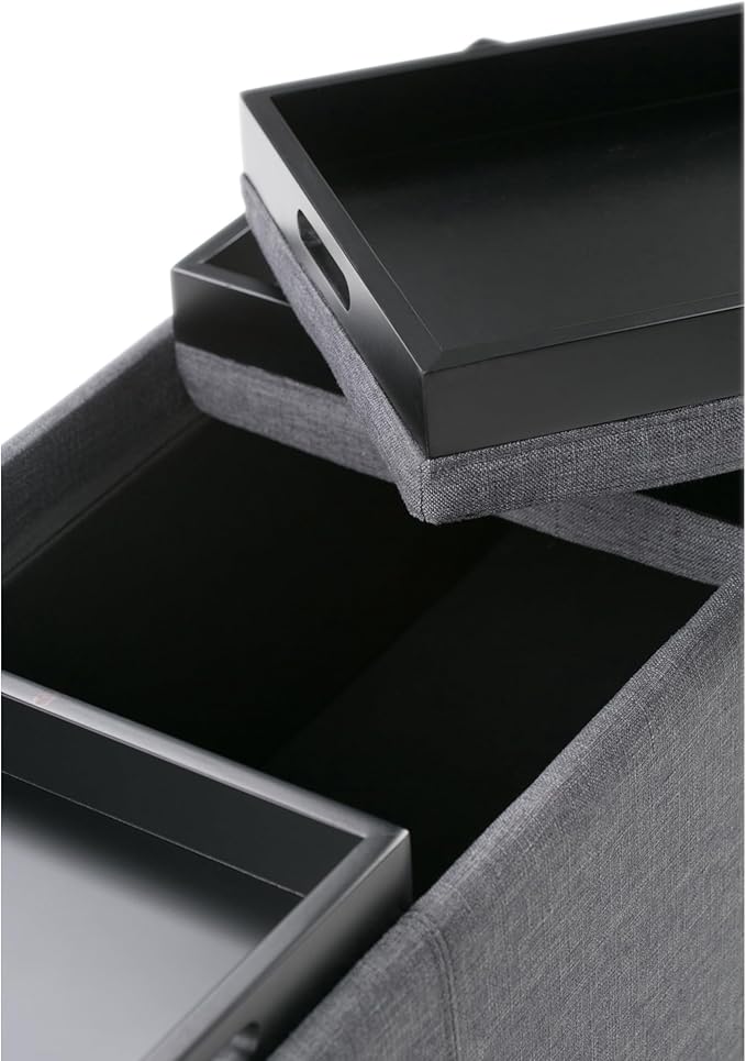SIMPLIHOME Avalon 42 Inch Wide Contemporary Rectangle Storage Ottoman in Slate Grey Linen Look Fabric, Assembled, For the Living Room, Entryway and Family Room