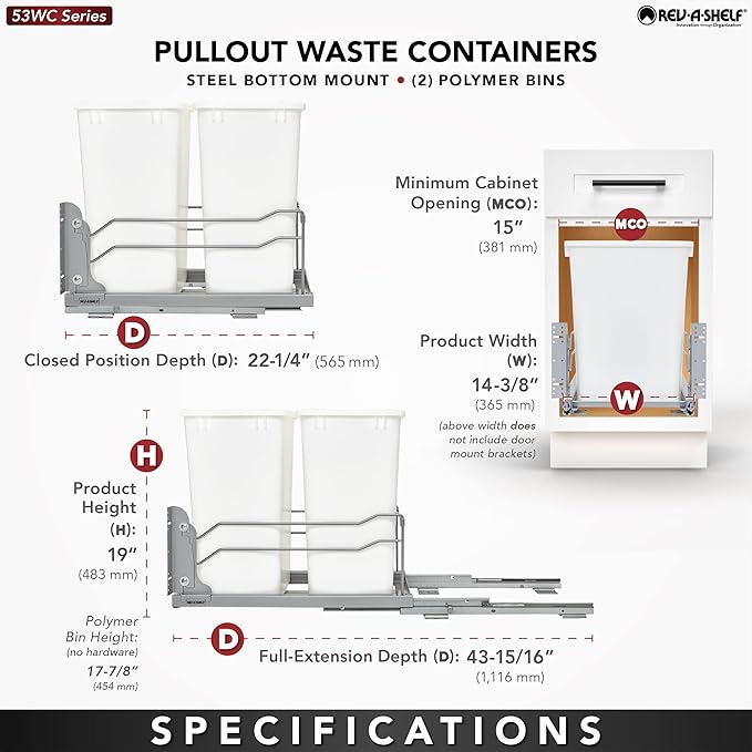 Rev-A-Shelf Double Pullout Trash Cans for Under Kitchen Cabinets 35 Quart 8.75 Gallon with Soft-Close Slides, Orion Gray, 53WC-1835SCDM-213