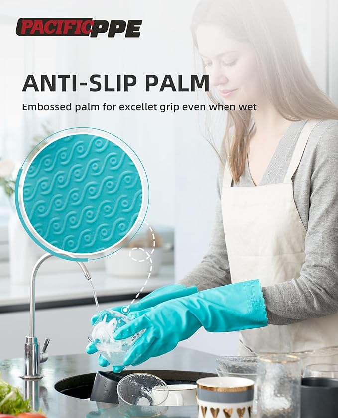 PACIFIC PPE Reusable Dishwashing Cleaning Rubber Gloves, Dish Washing Gloves with Flocked Cotton Liner, Kitchen, Latex Free, Green, Medium