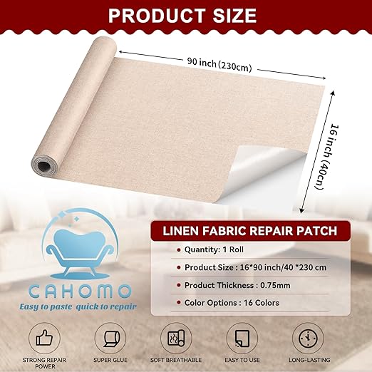 Linen Repair Tape 16x90 inch, Self Adhesive Fabric Patches, Linen Patch Tape Kit, Fabric Repair Tape for Couch Sofas, Headboards, Chairs, Pillows, Curtains, Couches - Green