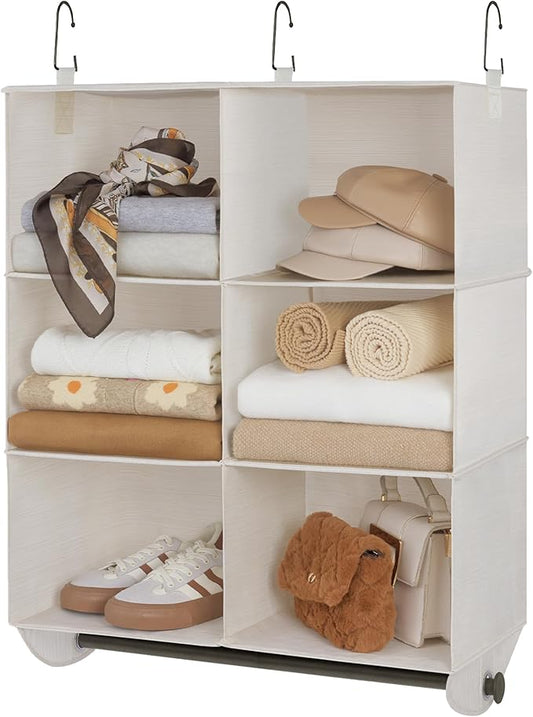 StorageWorks Hanging Closet Organizer with Metal Rod, 6-Section Closet Organizers and Storage, Collapsible Hanging Shelves for Baby Clothes, Shoes, Sweater Storage, Ivory and White