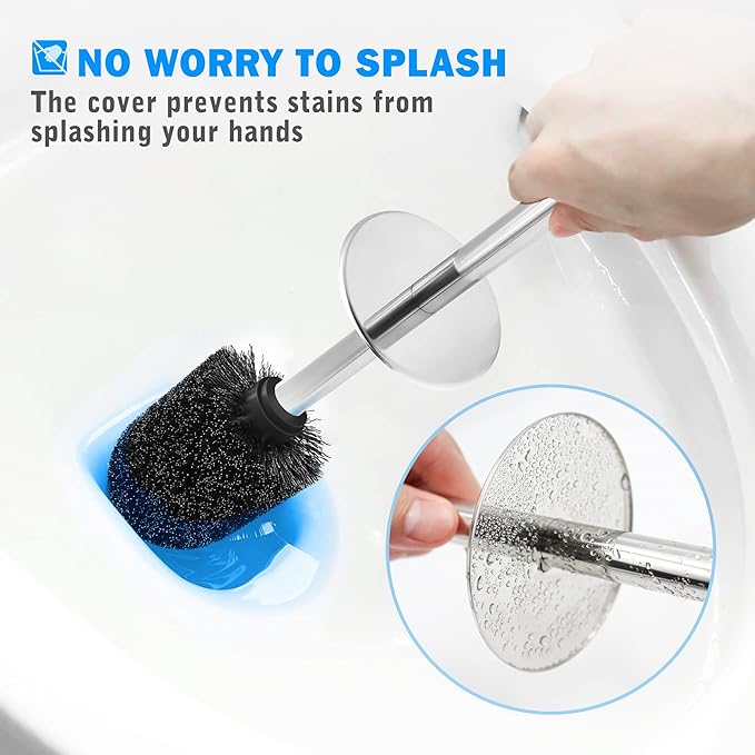 Toilet Brush and Holder, Toilet Brush with 304 Stainless Steel Long Handle, Toilet Bowl Brush for Bathroom Toilet-Ergonomic, Elegant,Durable（Black）