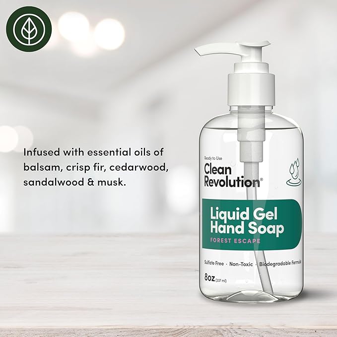 Clean Revolution Liquid Gel Hand Soap, Silky Rich Liquid, Quick Lather, Fast Rinsing, Contains Real Essential Oils (Forest Escape) 8 Fl Oz