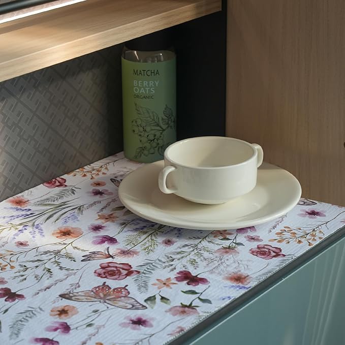 Floral Drawer and Shelf Liner for Kitchen Cabinets,16IN x 20FT Non-Adhesive and Strong Non-Slip Cabinet Drawer Liners for Kitchen Shelf, Waterproof Cupboard Liners,Easy to Clean