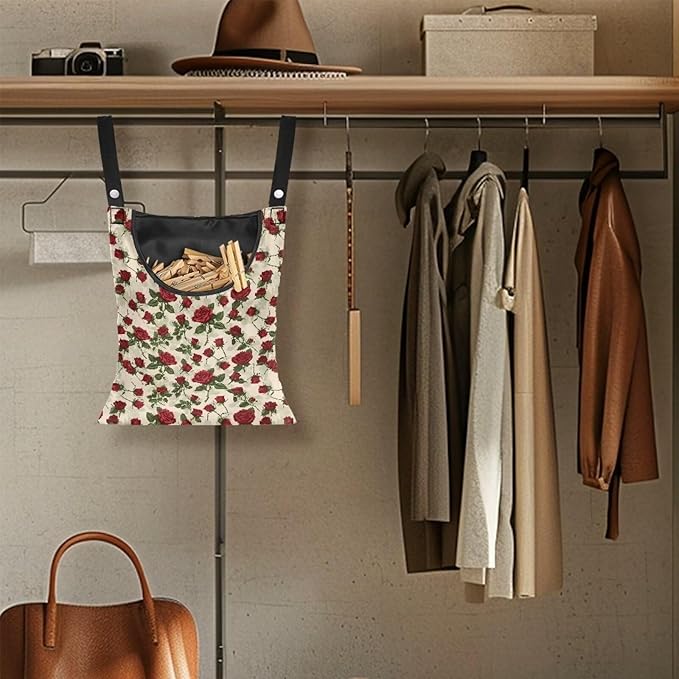 Rose Clothespin Bag Fashion Hanging Storage Organizer Clothes Pin Bag Waterproof Laundry Clothespin Bag Clothespin Holder with Hanger Hook for Easy Hang and Large Opening