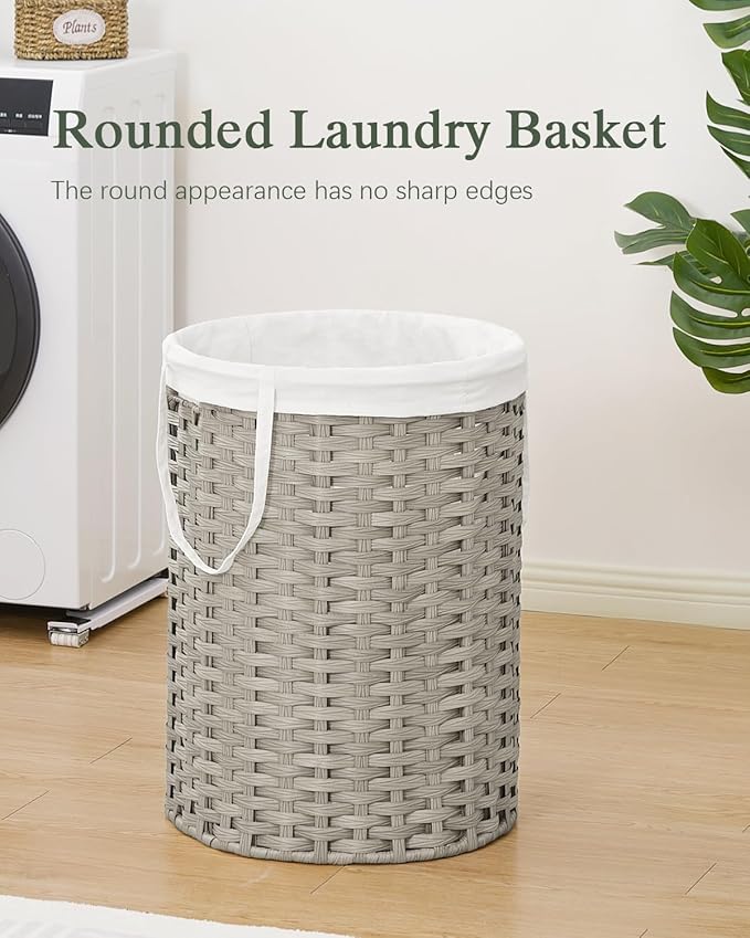 Laundry Basket Round Rattan Laundry Hamper 29.1 Gal (110 L) Handwoven Large Wicker Basket with Handles, Wicker Hamper with Removable Bags and 2 Mesh Bags for Bathroom Living Room Gray