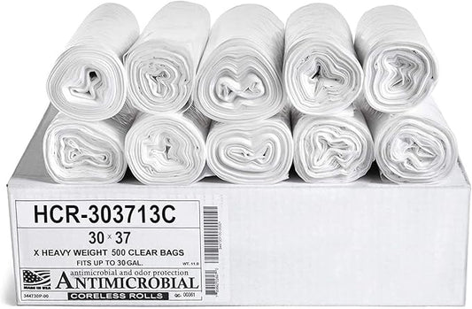 Aluf Plastics HCR-303713C High Density Star Sealed Coreless Roll Bags, 30 gal, Polyethylene, 30" x 37", Clear (Pack of 500)