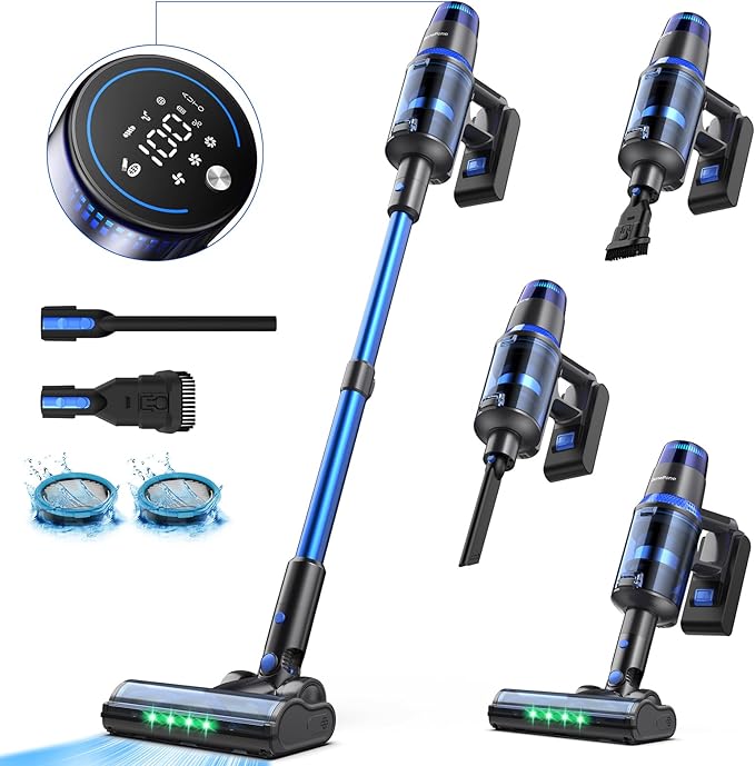 V25 Cordless Vacuum Cleaner, 680W 60Kpa Powerful Stick Vacuum with Dust Sensor, Digital Display, 4000mAh Rechargeable Battery up to 60Mins, Versatile for Pet Hair, Floor, Carpet (Royal)